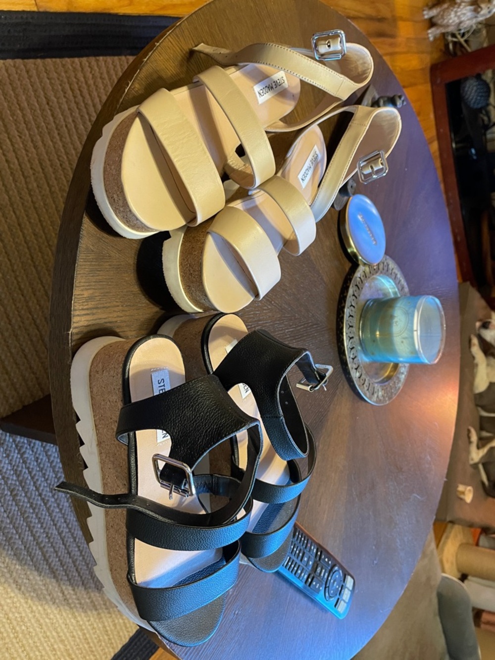 Steve Madden Black and Beige Wedge Sandals